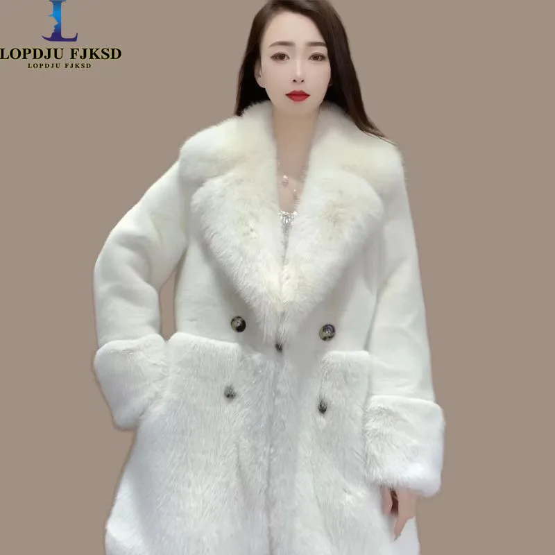 Faux Fur Coat for Women,Double Breasted Stitch ,Turn-down Collar Jacket,Thick Warm Female Clothes,Autumn and Winter, 2024