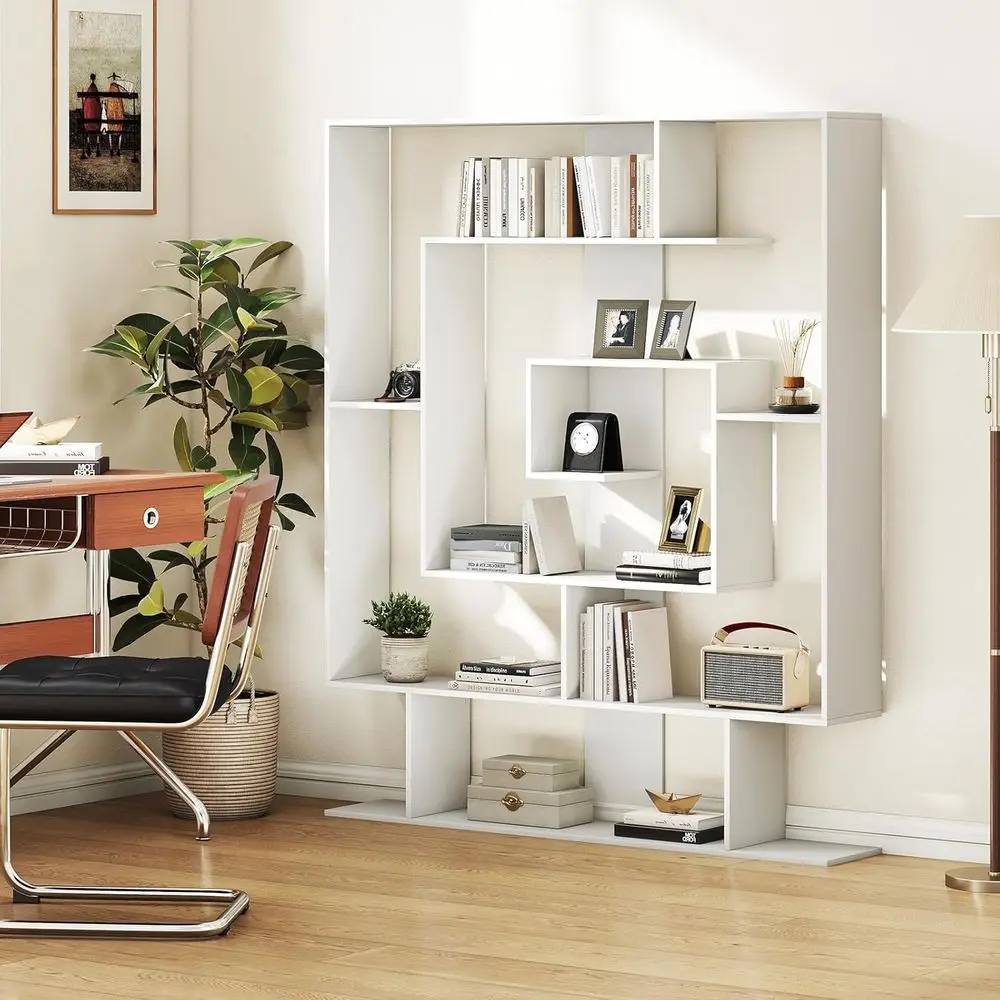 

Irregular Geometric Wooden Bookshelf with Open Shelves and 2 Anti-Tip Kits, White Decorative Storage Organizer for Living Room o