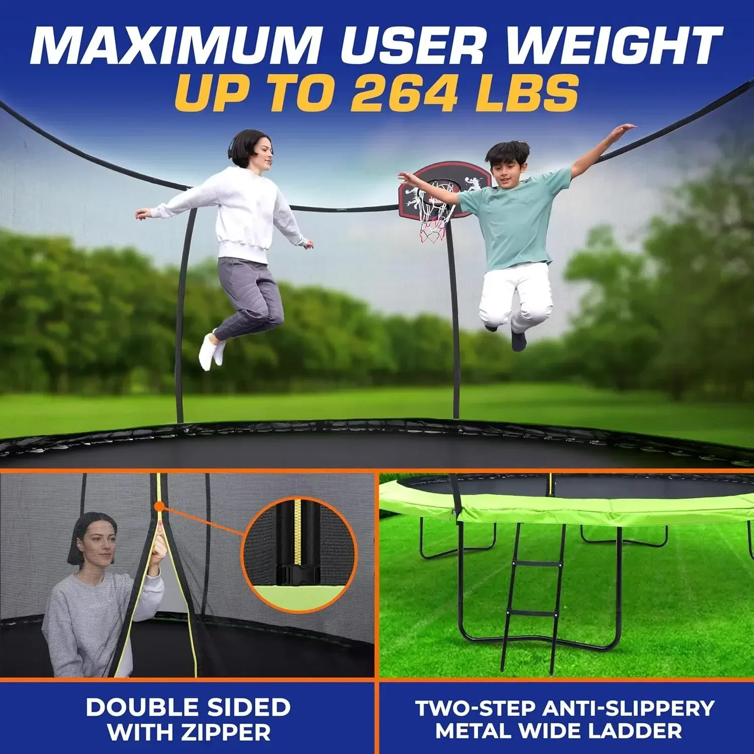 Trampoline with Basketball Hoop & Inner Enclosure - Safe, Durable,Family Fun - Heavy Duty Galvanized Springs