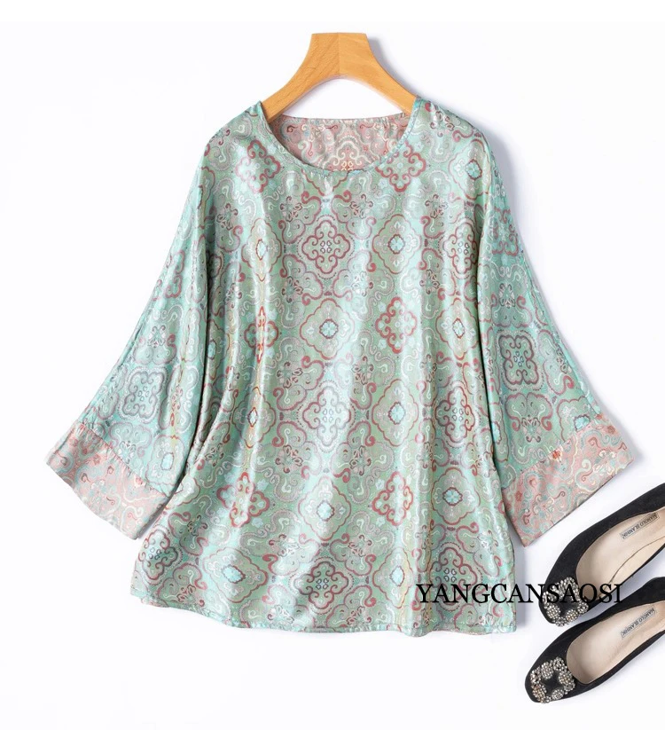 Double Sided Chinese Style 100% Natural Mulberry Silk Jacquard Shu Brocade Loose Round Neck Three-quarter Sleeve Shirt
