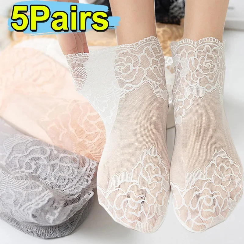 

Sexy Hollow Lace Flower Socks Women Summer Non-slip Thin Boat Sock Female Elastic Invisible Ankle Sox Sweet Transparent Hosiery