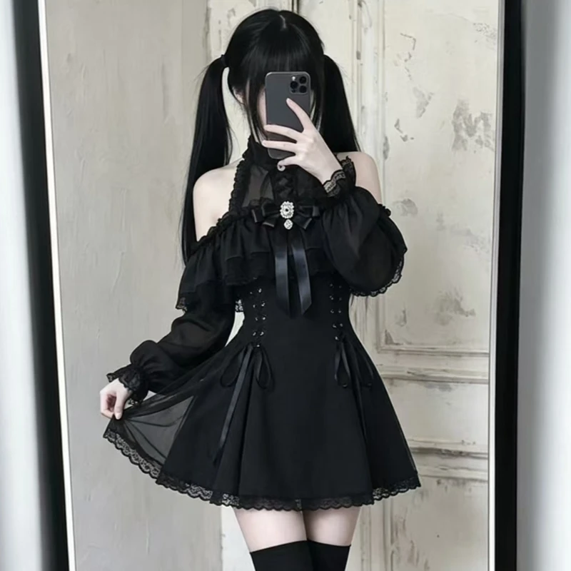 Japanese Dark Gothic Lolita Style Dress Women Bow Lace Halter Neck Off Shoulder Long Sleeves Dress Y2k Evening Party Mini Dress
