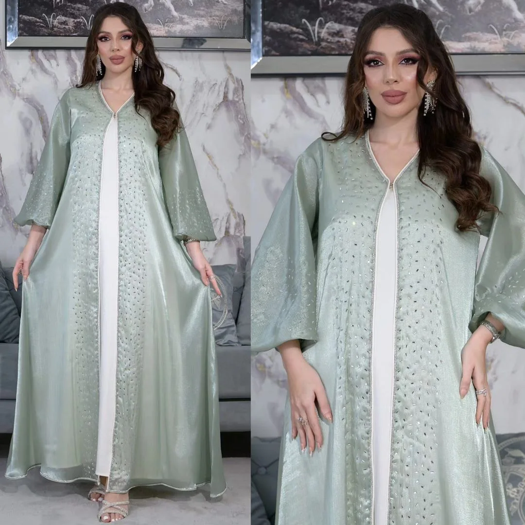 Eid Satin Muslimische Sets für Frauen Diamanten Langes Kleid 2-teiliges Jalabiya Dubai Abaya Türkei Kaftan Robe Kaftan Marocain Femme Kleid