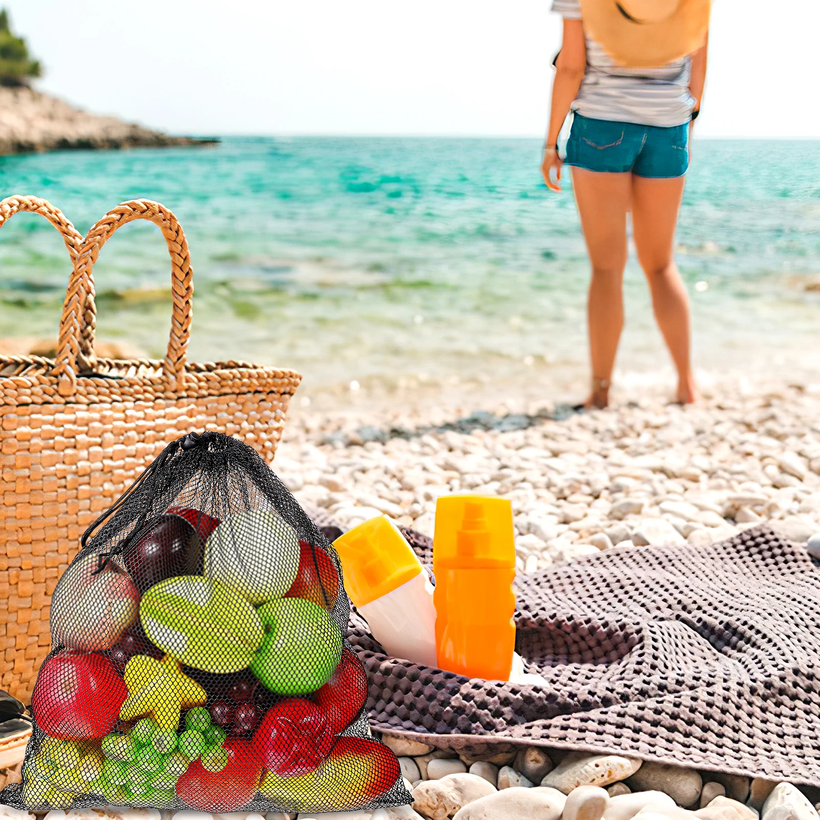 Sac de rangement en maille avec cordon de serrage, filet multifonctionnel pour jouets à lessive, sacs de natation en plein air pour pochette de balles