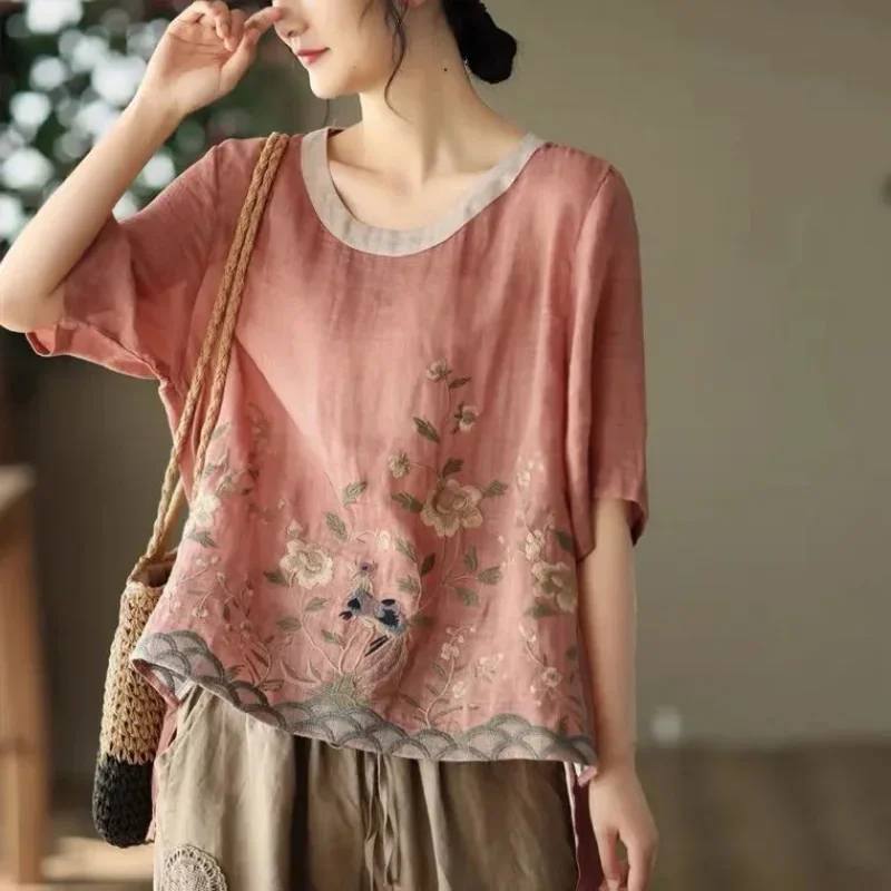 Cotton Linen Blouse Floral Print Womens Tops Spring Summer Literary Retro Embroidery Top Casual Contrast Round Neck Blouses