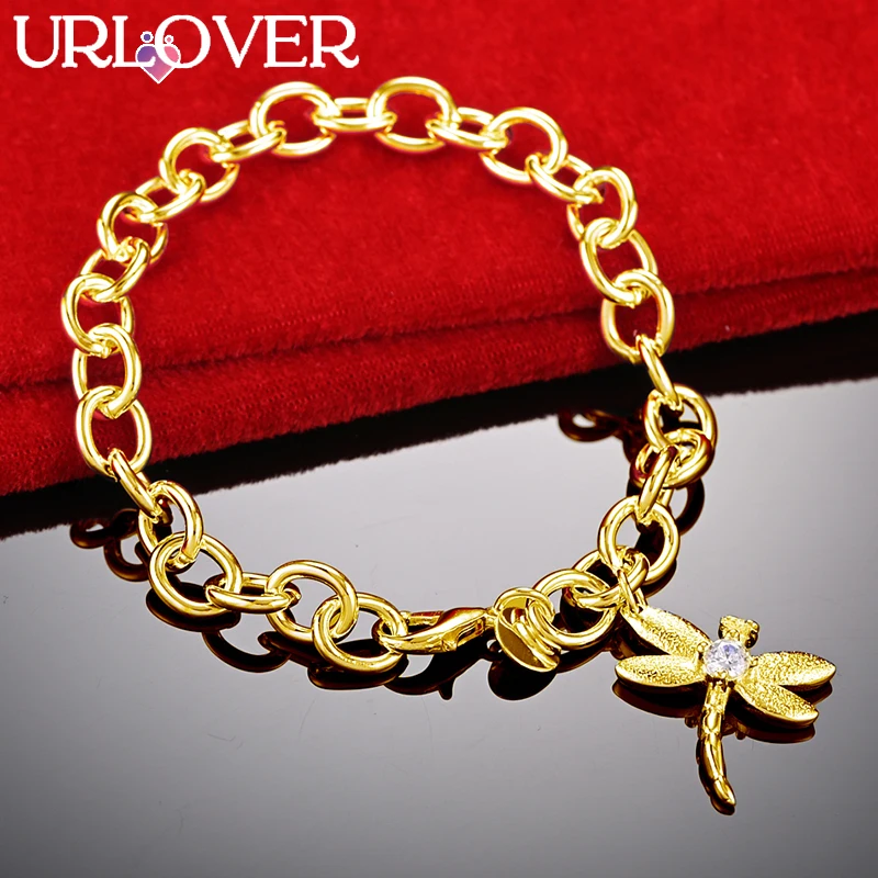 

URLOVER 24K Gold Bracelet Zircon Crystal Dragonfly Pendant Bracelets For Woman Party Wedding Fashion Charm Jewelry Birthday Gift