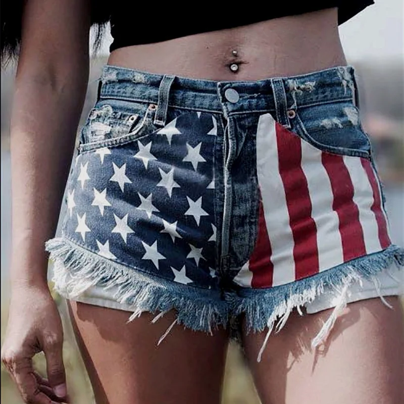 Riding Star Print Denim Shorts Women's Hole Punching Cross-border Style Straight Leg Natural Waist Jeans Summer 2024