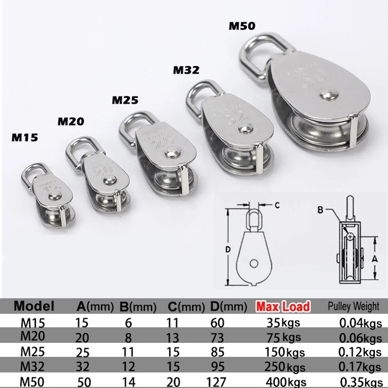 1PC M32 Single Pulley Block 304 Stainless Steel M15 M20 M25 M50 Single Wheel Swivel Lifting Rope Pulley Set Lifting Wheel Tools