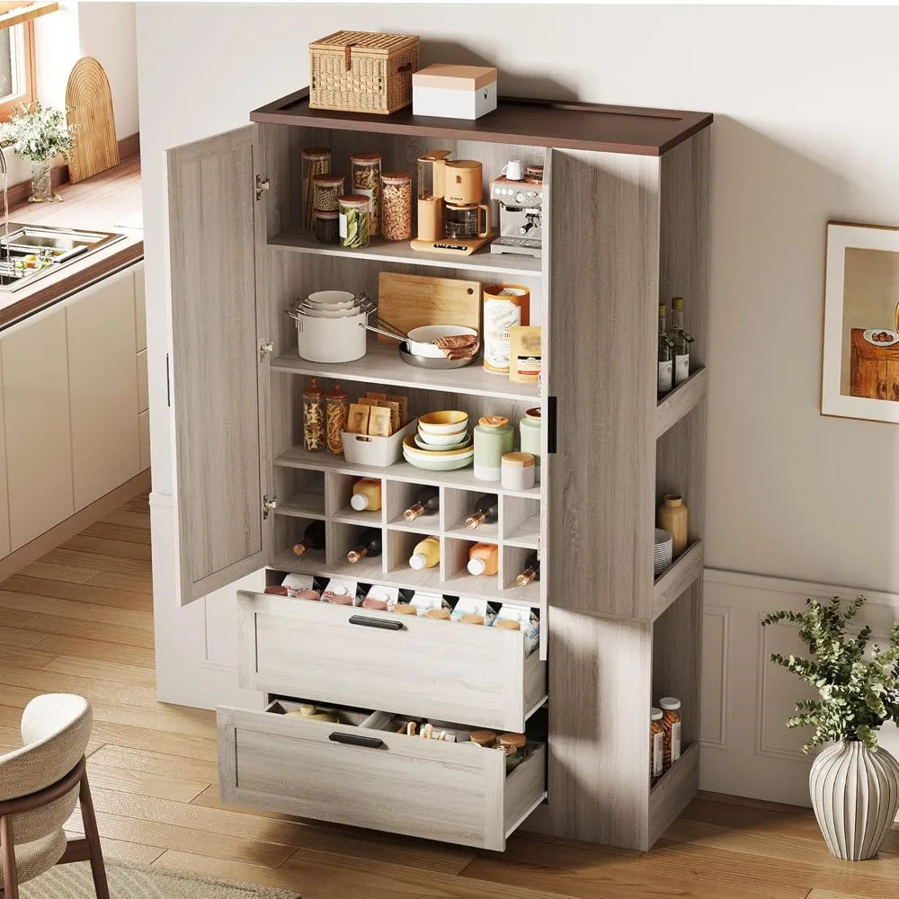 

71" Farmhouse Kitchen Pantry Storage Cabinet with Barn Doors, Adjustable Shelves & Built-in Wine Compartments, Versatile Tall St