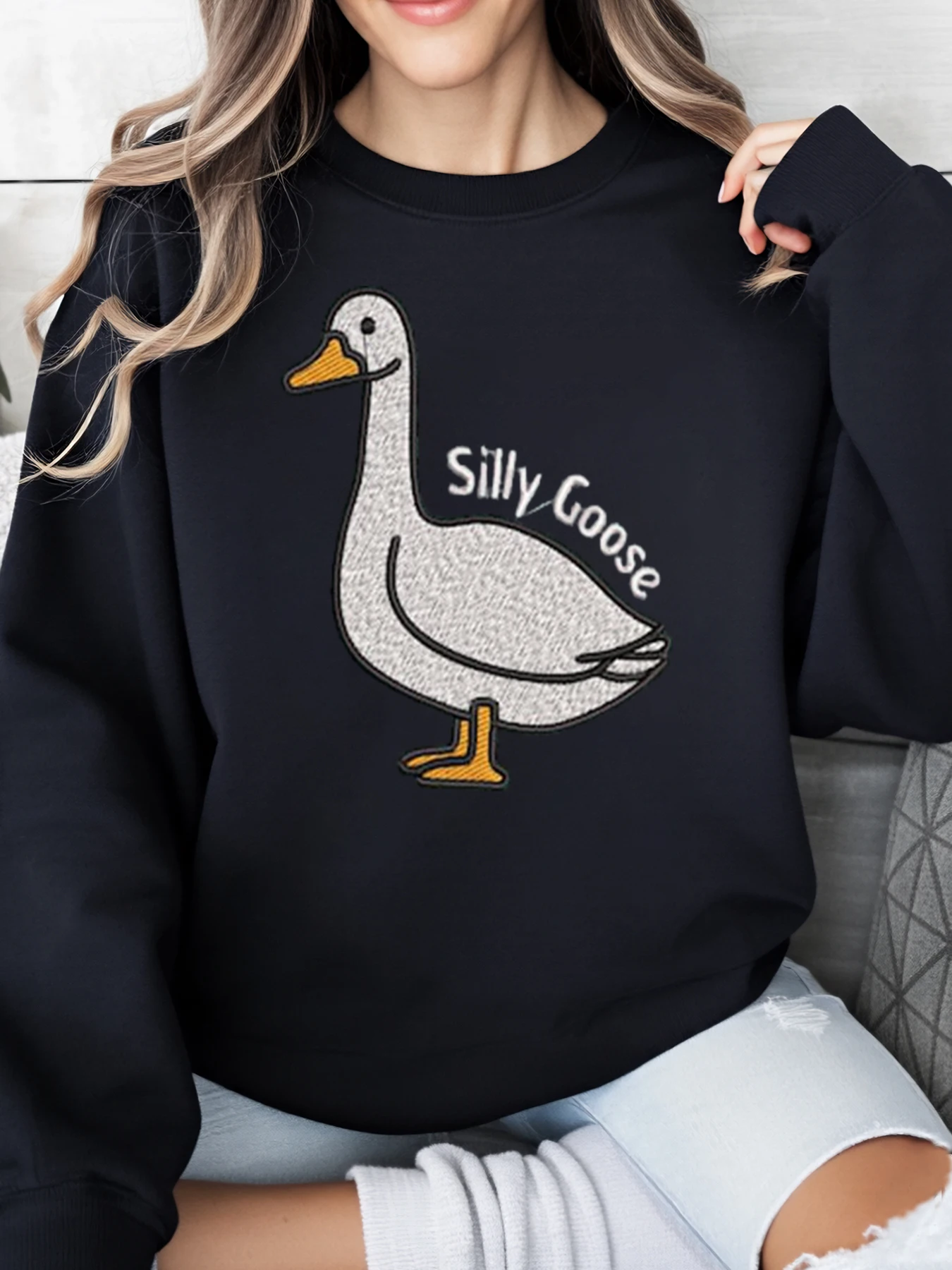 

Толстовка с принтом Silly Goose Duck, осенняя женская повседневная одежда на День Благодарения, черная, больших размеров