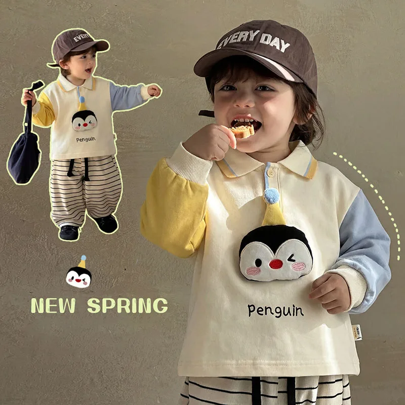 

Новые весенние детские рубашки-поло MILANCEL, размеры 6M-3T, толстовка с рисунком пингвинов для маленьких девочек, одежда для малышей с цветовыми блоками, топы
