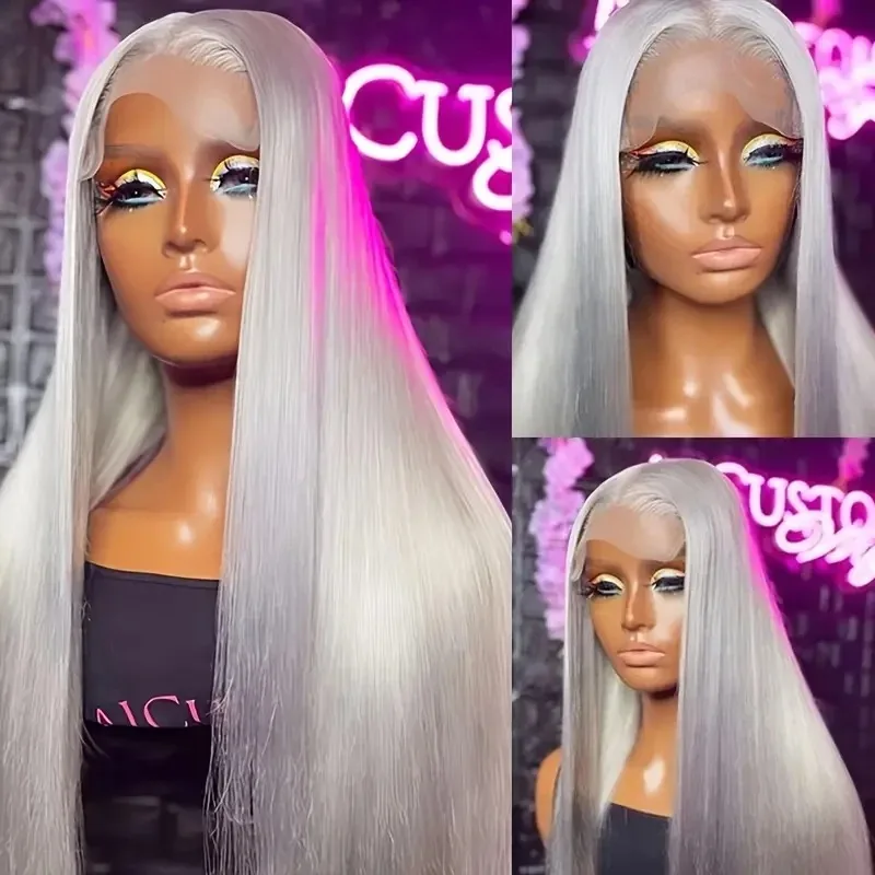 

Серебристо-серый парик Длинные прямые парики фронта шнурка 13x4 HD Термостойкое волокно Волосы Предварительно выщипанные Синтетические готовые к ношению для женщин