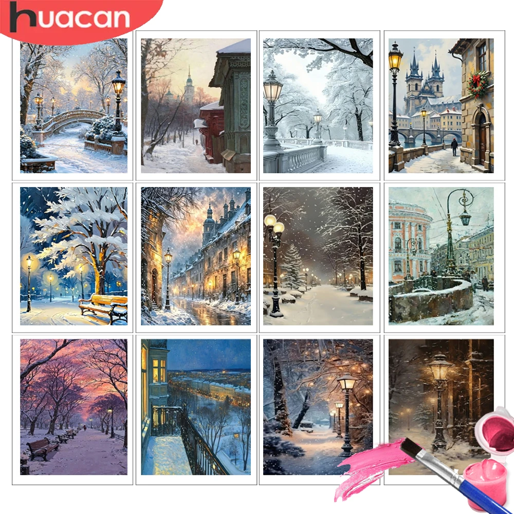 HUACAN Paint By Number Winter City Landscape Pictures Drawing Canvas Oil Painting Orest Home Decoration Handmade