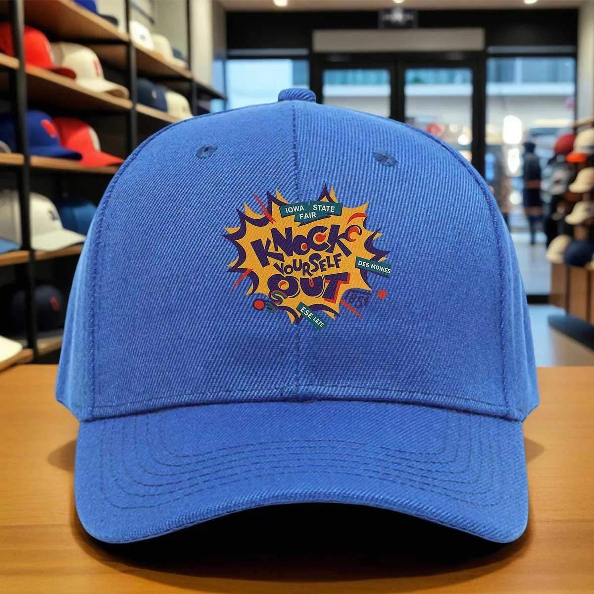 Iowa State Fair Knock Yourself Out Des Moines ESE Late Retro Pop Art Baseball Cap, Adjustable Polyester Dad Hat for Outdoor Even