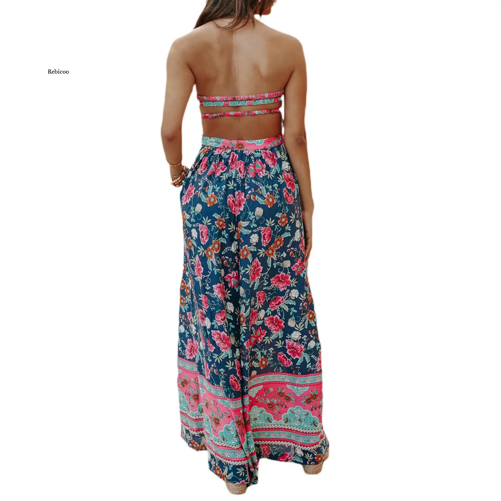 

Women's Fashion Jumpsuits, Strapless Cut-out Open Back Bohemian Style Floral Printed Wide Leg Long Playsuit