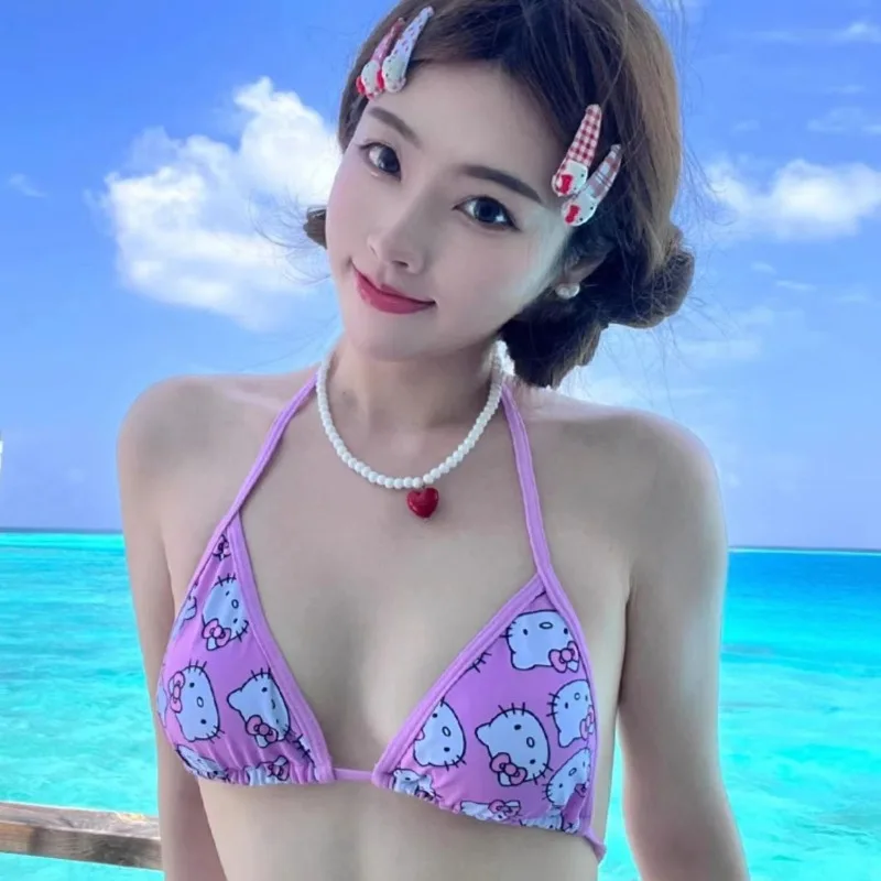 Hello Kitty kawaii cute and lively girl pink bikini anime cartoon peripheral gathering Sanya beach hot spring vacation swimwear