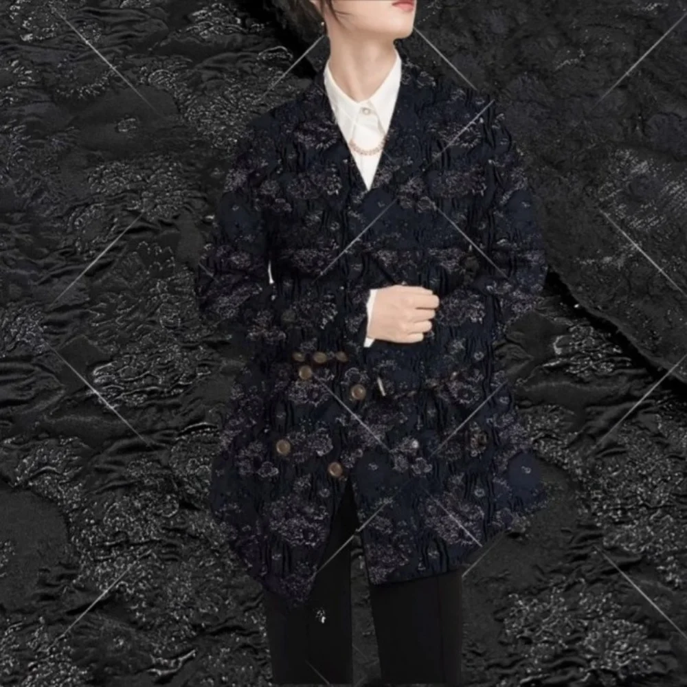 

Black Woven Jacquard Brocade Fabric for Sewing Metal Wire Flower Relief Dress Suits Clothing Fabrics Creative Design Cloth