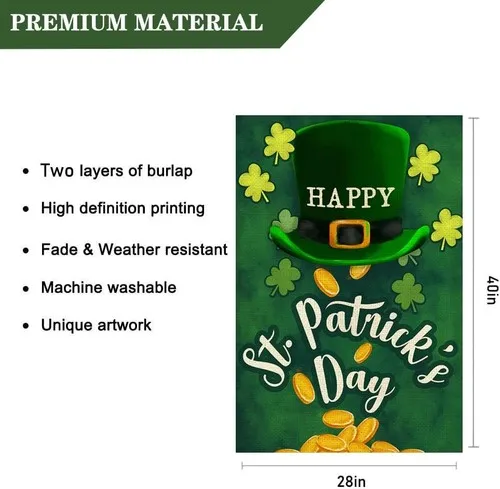 Happy St Patricks Day House Flag Shamrock Clovers Green Hat 28 x 40 Inch OOV IIC