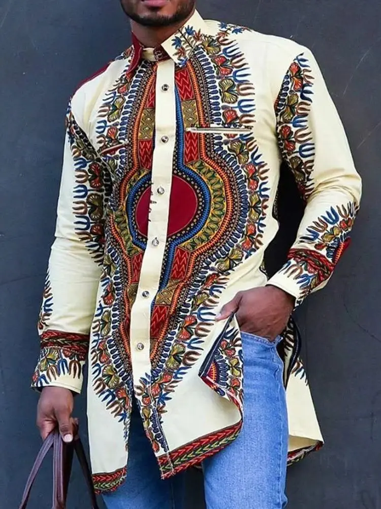 Dashiki African Men\'s Clothing Ethnic Print Plus Size Tops Wedding Wear Classic Men\'s Long Sleeve Shirts Traditional Casual Tee