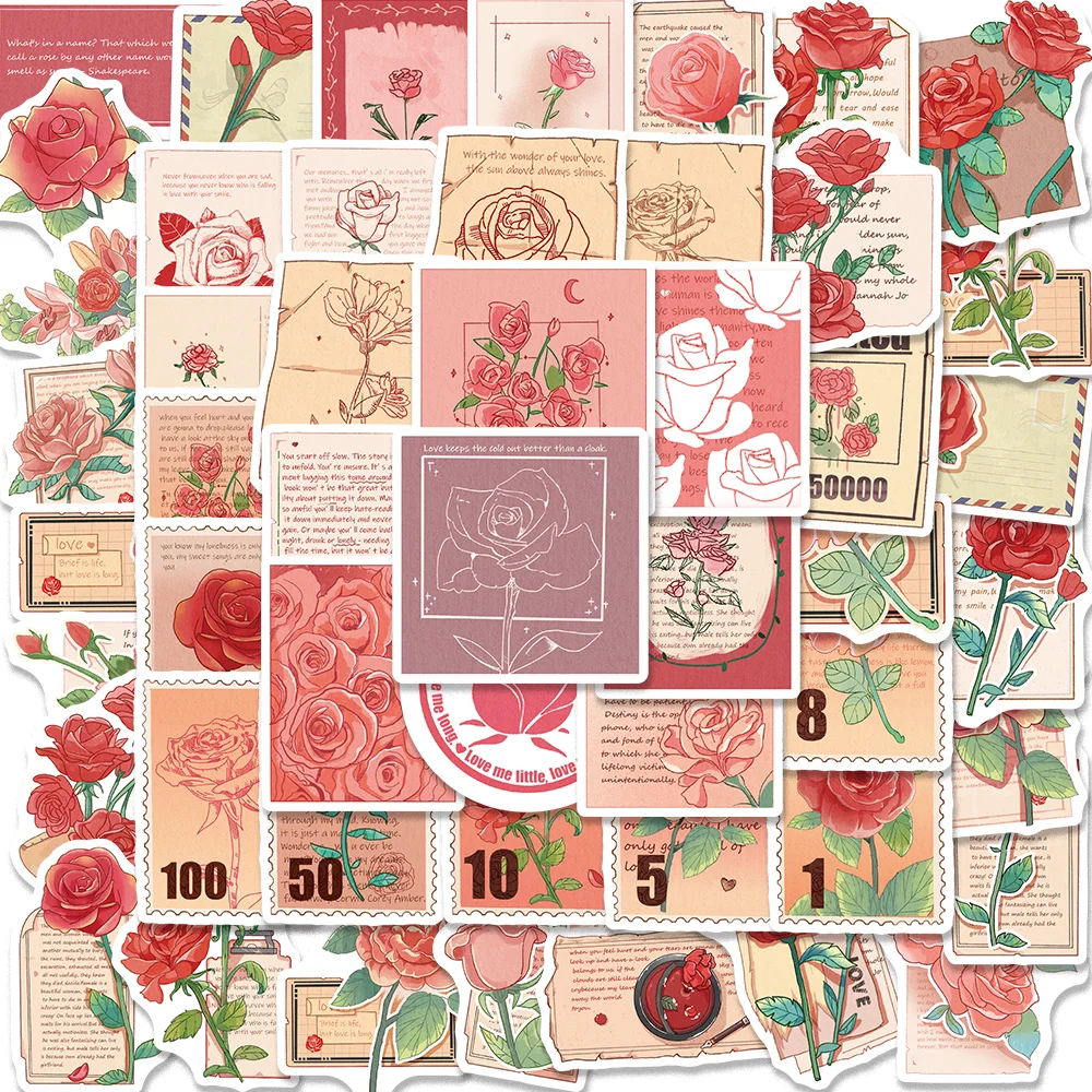 

50pcs Beauty Rose Stamp Stickers Flowers Aesthetic Waterproof Graffiti Sticker DIY Laptop Guitar Phone Envelope Book Kids Toy