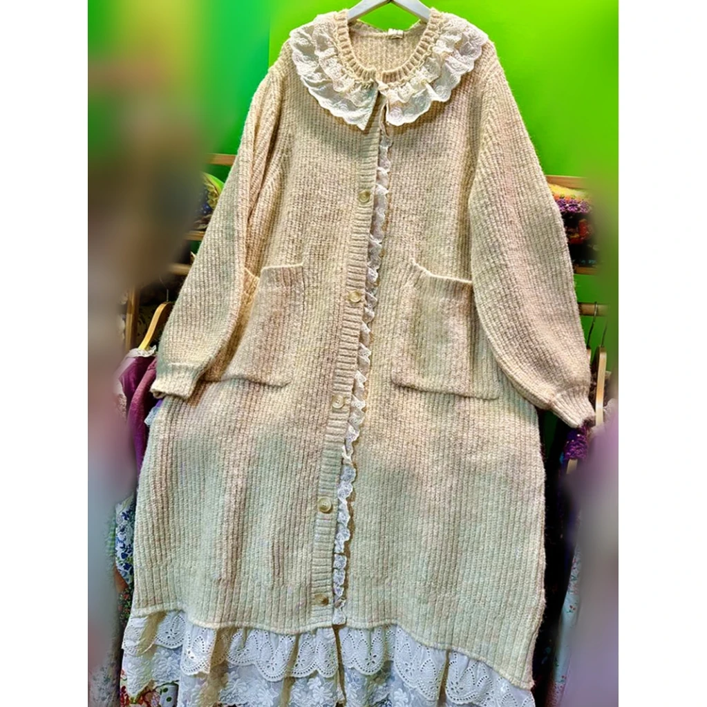 

Зимний милый кружевной вязаный длинный кардиган в стиле Лолиты Мори для девочек, женский корейский японский Harajuku, винтажный свитер в стиле рококо Лолиты