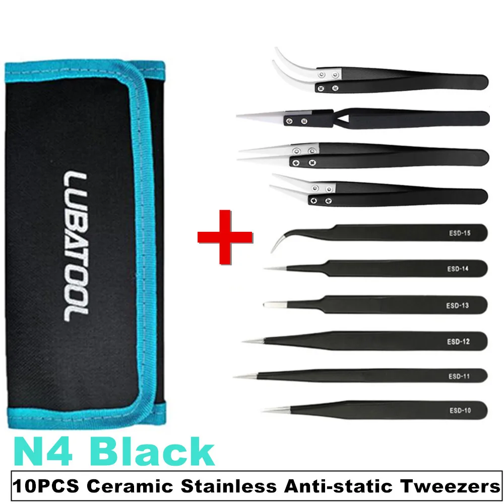 10-teiliges Pinzetten-Set mit Tasche, Keramik, Industrie, Elektronik, ESD, Edelstahl, antistatisch, Präzisions-Pinzetten-Kits, Reparaturwerkzeuge