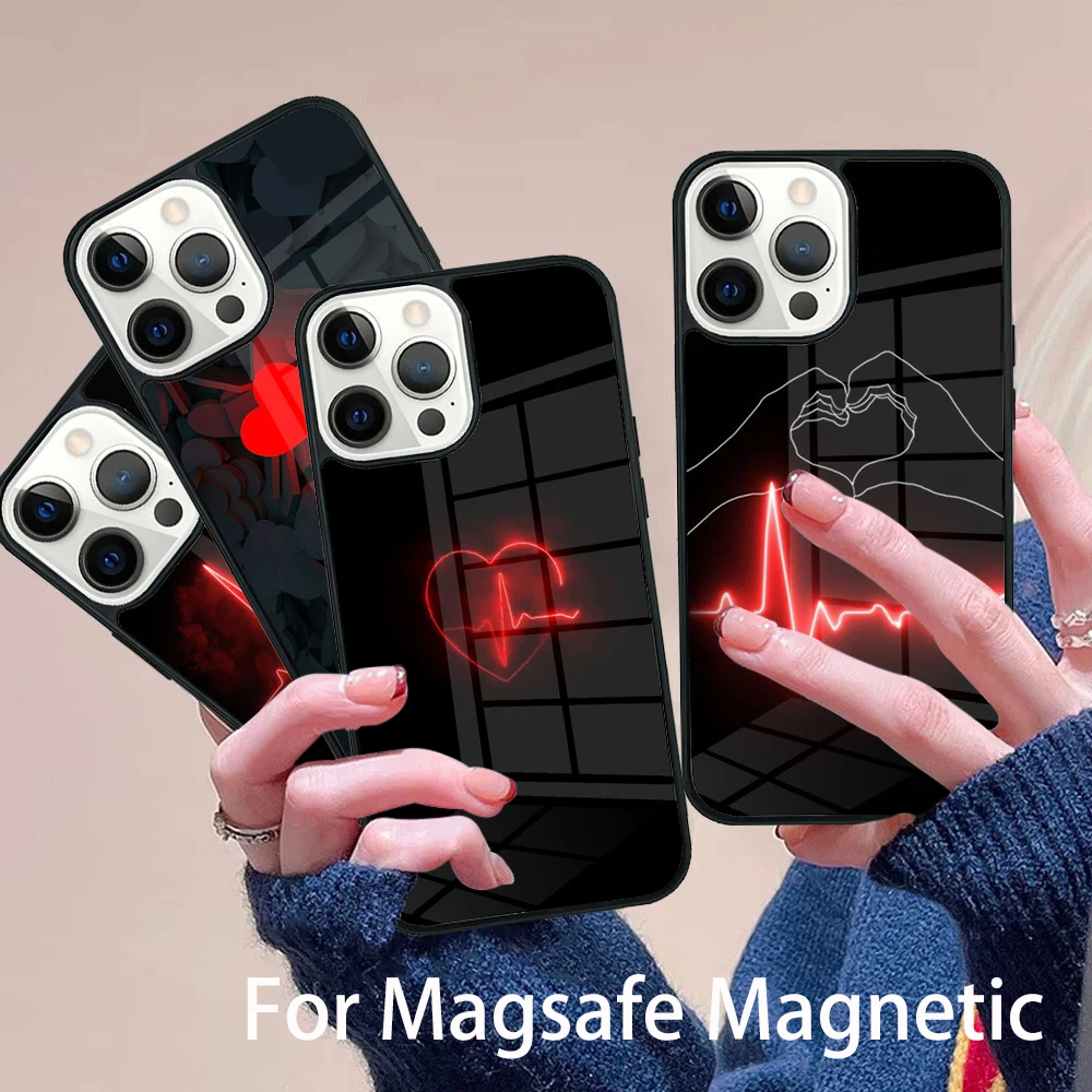 

Abstract Art Line Love Heart Pattern Phone Case Magesafe Magnetic Wireless Cover For IPhone 16 11 12 13 14 15 Pro Max Plus Mini