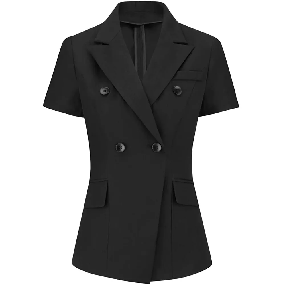 Women's Business Suit Set Formal Short Sleeve Double Breasted Slim Fit Solid Color Blazer and Pants For Working