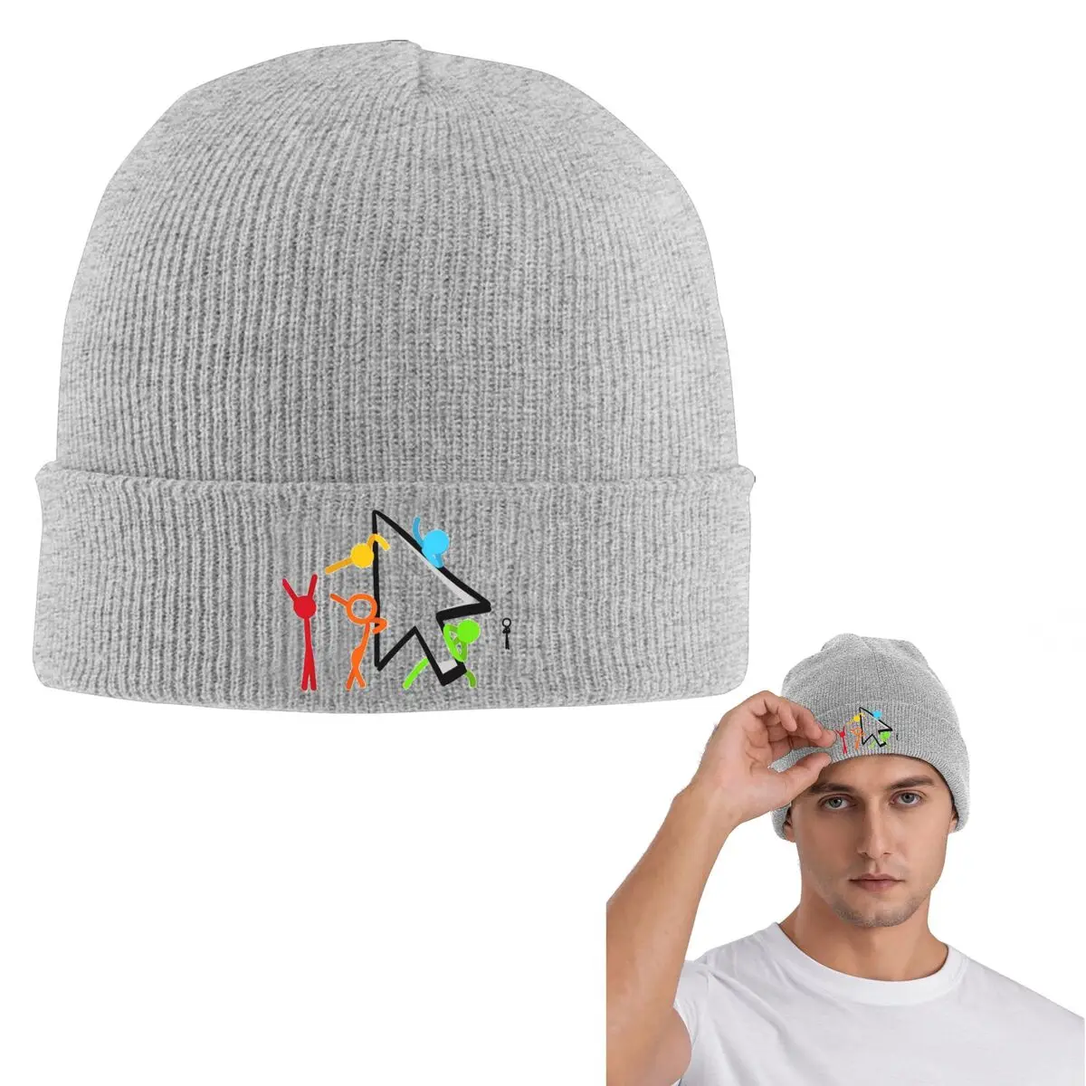 Alan Becker Five Stick Figures With Fire Mouse Pickaxe Knitted Cap Bonnet Hat Autumn Winter Outdoor Beanies for Unisex Adult