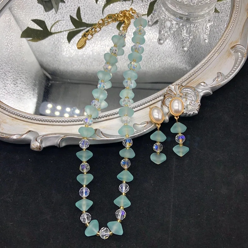 Retro ice-transparent matte blue glass faceted beads necklace pearl earrings clothing accessories women jewelry