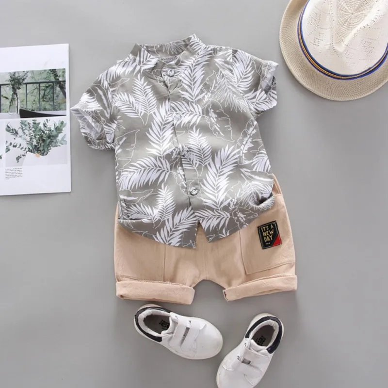 2Pcs Baby Boys Clothing Fashion Vacation Style Cool Set Kids Cotton Breathable Outfit Short Sleeve Leaves Print Shirt+Short 1-4Y