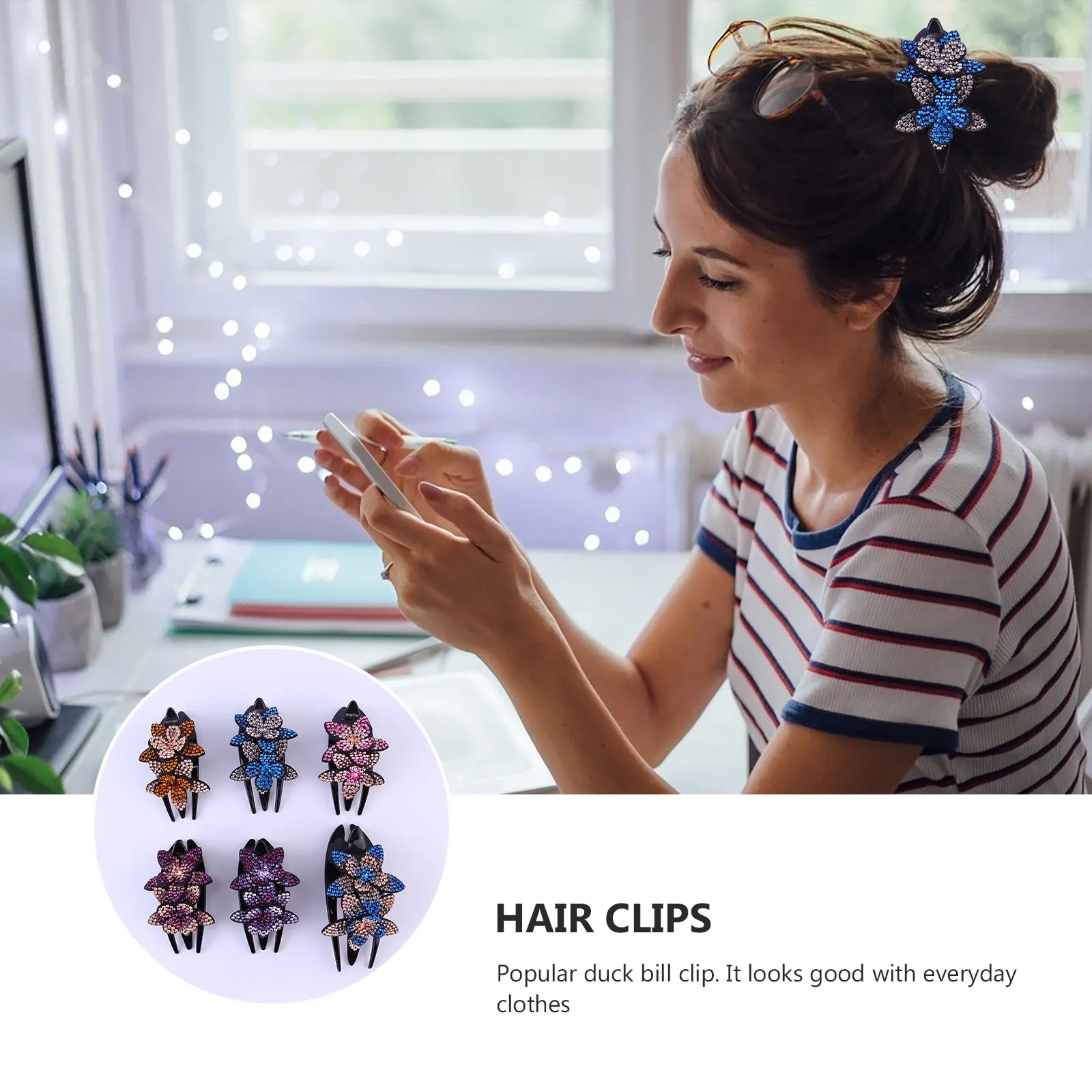 

6 Pcs Duckbill Clip Rhinestone Floral Hair Clips Accessories Decoration Claw Flower Women Hairpin Three-tooth Headgear Headwear