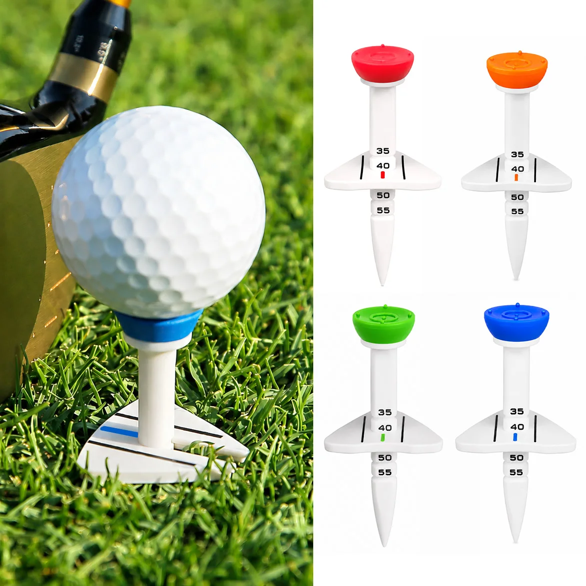 Adjustable Golf Tees (4-Pack, 35–55mm) – Reusable Plastic Training Tees for Consistent Distance & Durable Practice