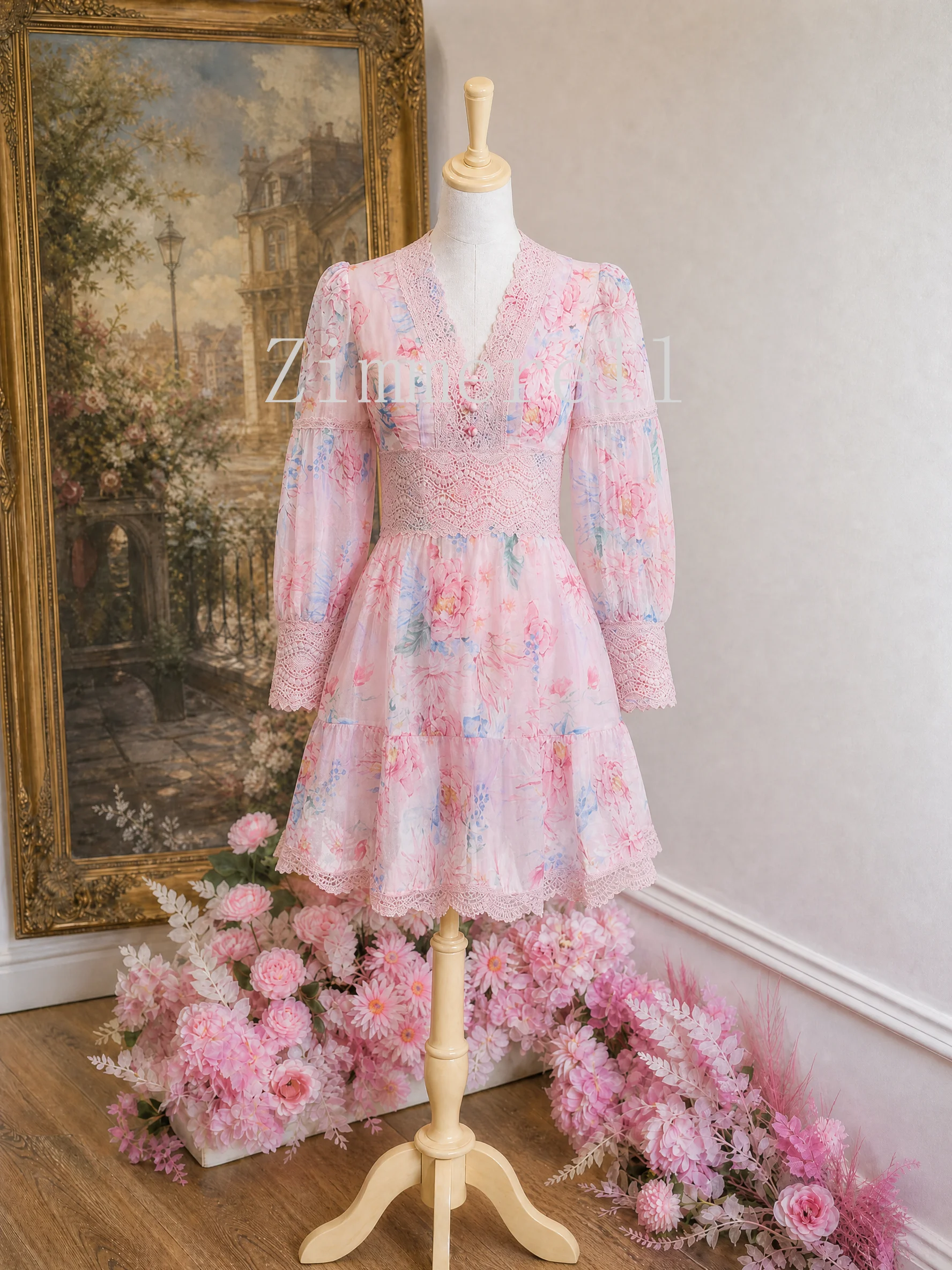 Summer French Style Vintage Elegant Evening Dress Women's Lantern Sleeve V Neck Lace Printed Short Dress Chic Holiday Slim Dress