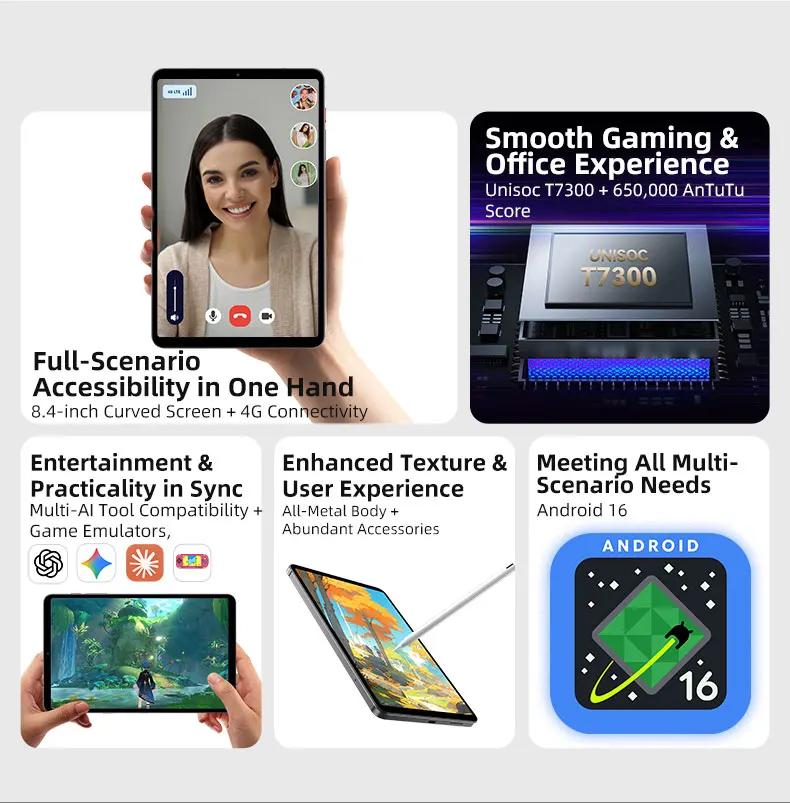 BNCF Bpad T1 Tablet Unisoc T7300 Processor 8.4 Inch Kids Mini Android 16 Gaming Tablet E-Reader With SIM Card Slot 4G LTE Call