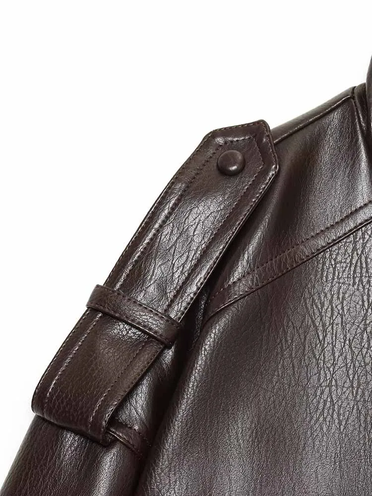 Stile europeo e americano autunno nuova moda abbigliamento da donna versatile giacca a maniche lunghe in similpelle lucida con colletto alla coreana