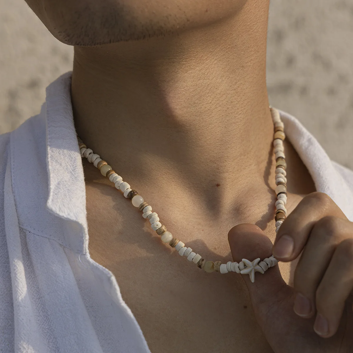 Coconut Shell Starfish Spliced Wood Bead Necklace for Men,Surfer Style Clavicle Chain,Hiphop Unique High End Jewelry Gift