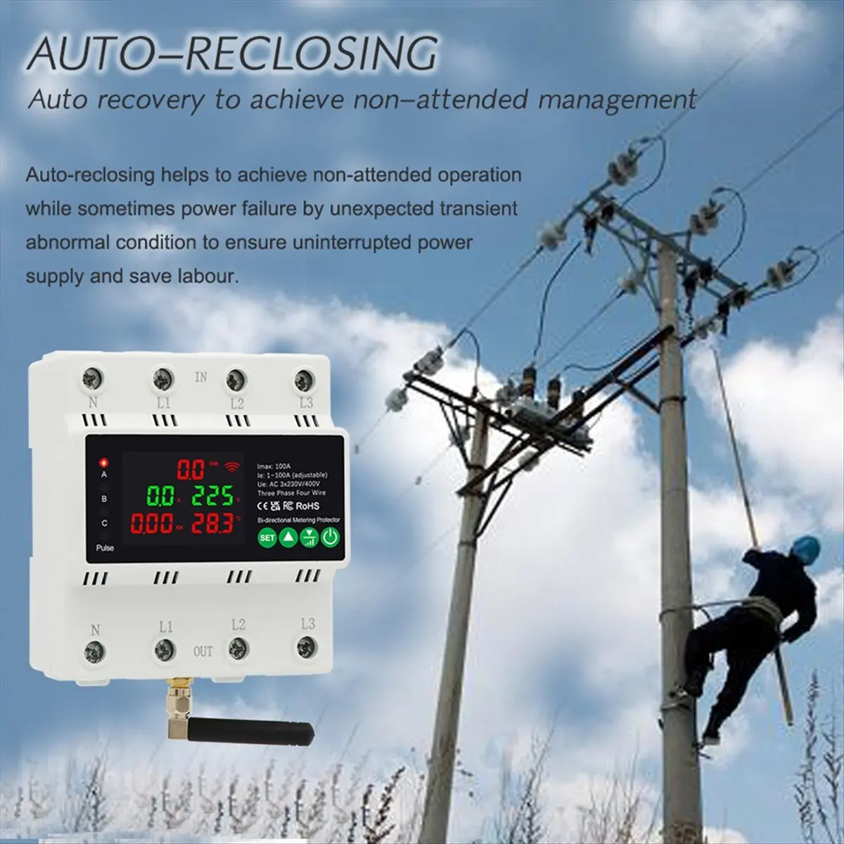newT77 3Phase 4Wire 380V 100A Tuya WiFi Smart Bi-Directional Energy Power KWh Meter Auto-Reclosing over Under Voltage Protector