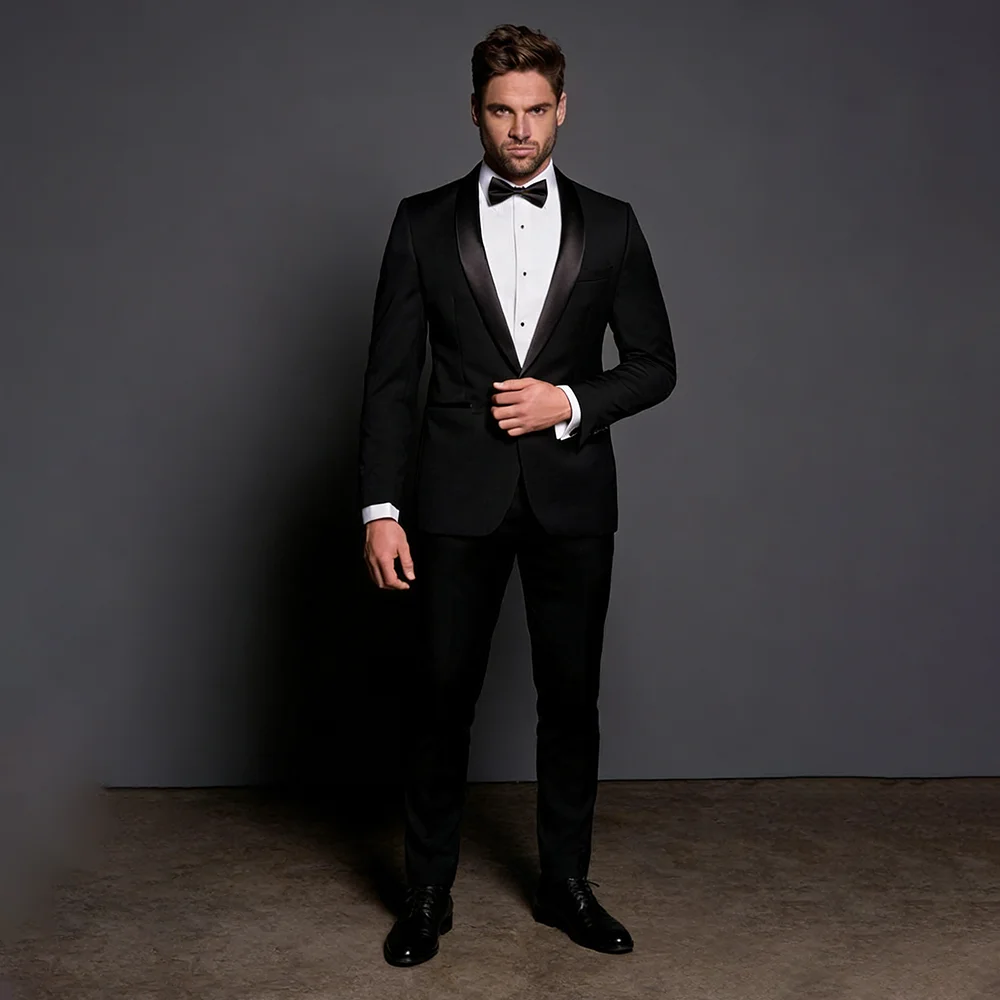 

Мужской черный костюм-двойка Slim Fit с шалевым воротником: пиджак и брюки. Высококачественная деловая и повседневная одежда.