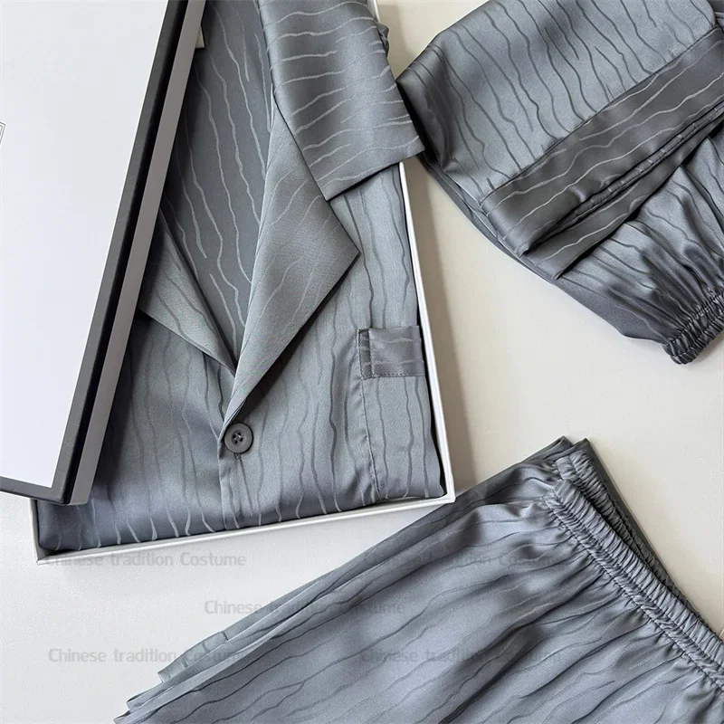 Sexy Lapel Shirt Pants Short Pyjamas Suit Summer New Stripe Sleepwear Men Pajama Set Male Ice Silk Home Clothes Loose Loungewear