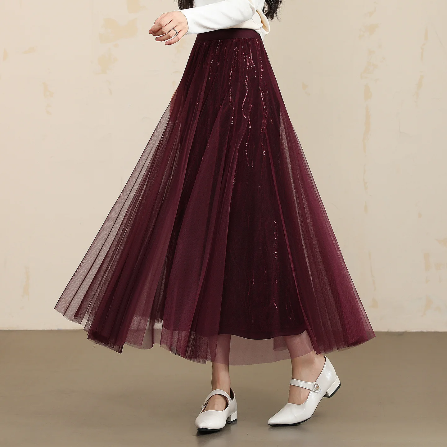 

Fashionable Women's Midi Skirt, 2025 Autumn New Korean Style Elastic Waist Elegant Sequined Mesh A-line Skirt