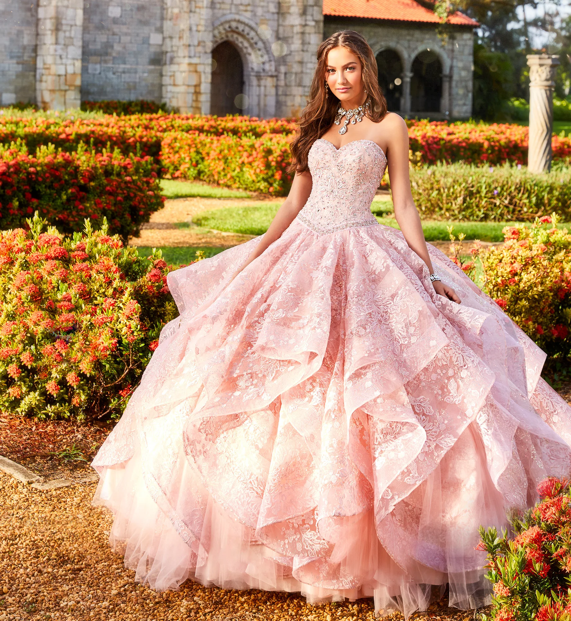 Rosa Vestidos Quinceanera Ball Gown Querida Tulle Lace Frisada Puffy Mexicana Doce 16 Vestidos Charro 15 Anos