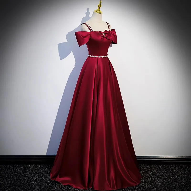 Ashely Alsa Real Picture Burgundy Evening Dress Bow Pearls Satin Long Women Special Occasion Party Dresses Prom Gown Bridesmaid