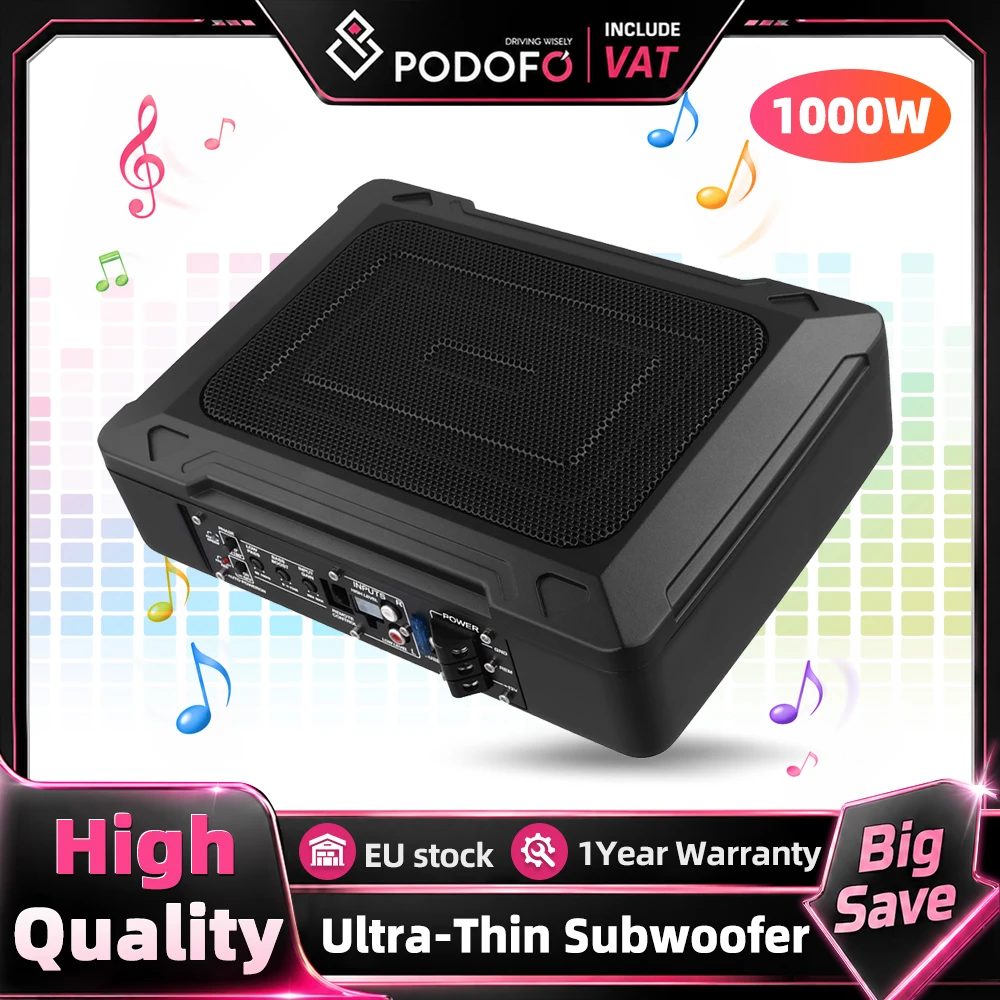 Podofo Unter-Sitz-Slim-Subwoofer-Gehäuse 1 Set 1000W Kompakter Auto-Subwoofer mit eingebautem Verstärker Komplette Einheit mit Audiokabel für Auto-Stereo-Modifikation