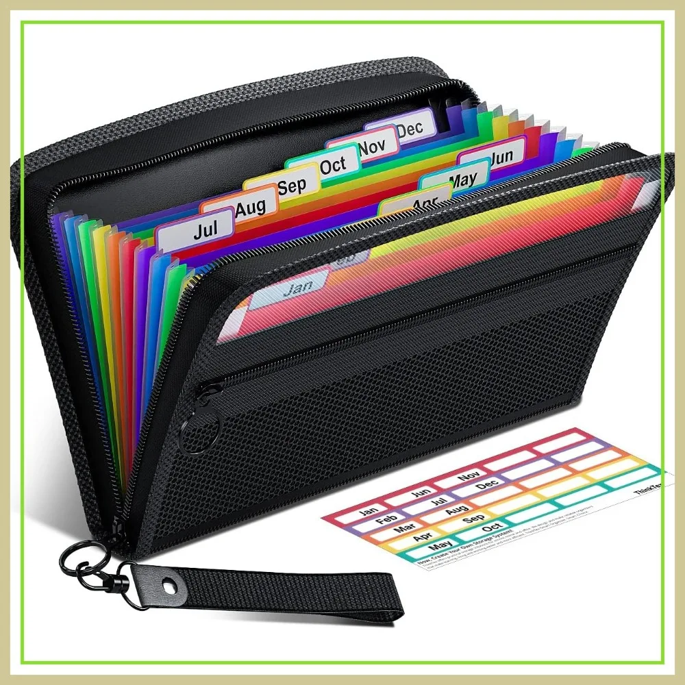 

12 Pocket Accordion File Organizer, Junior Size 11x6.6 Inches, Zipper Closure, Multi-Color Tabs for Receipts & Coupons