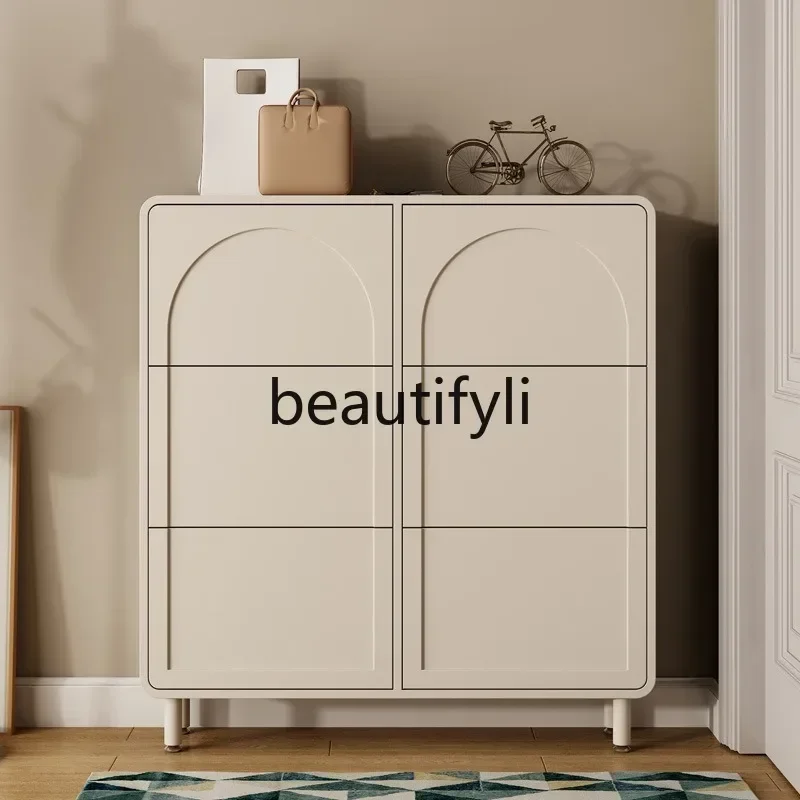 cqy French Cream Style Ultra-Thin Shoe Cabinet Large Capacity Multi-Layer Entryway Cabinet Integrated Flip Shoe Cabinet
