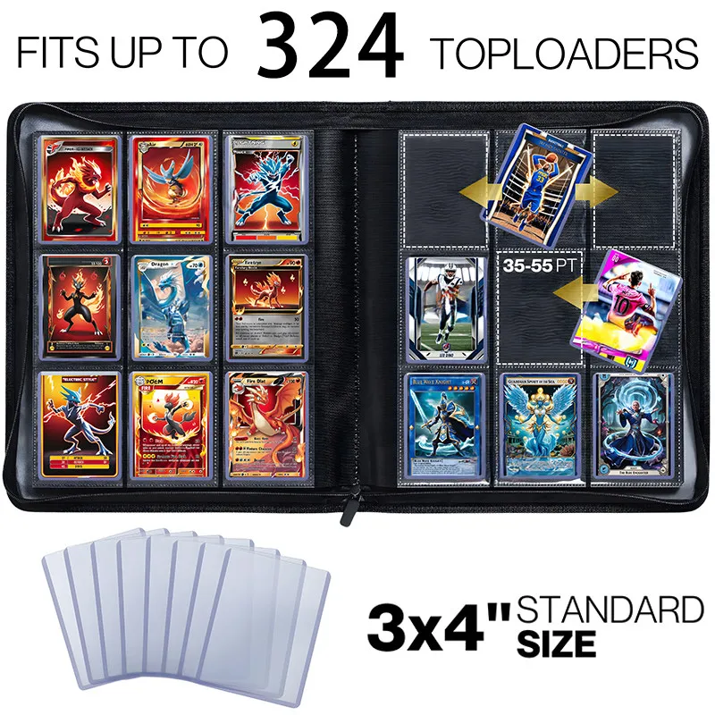 Dragon Emblem Waterproof Zipper Card Binder 9 Pocket 324 Slots Acid-Free Pages Trading Card Album For Pokemon PTCG Sports Cards