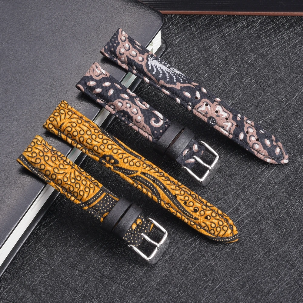 EACHE Tweed Watch Straps Wool Cloth Herringbone Pattern Watchband Genuine Leather Band 18mm 20mm 22mm