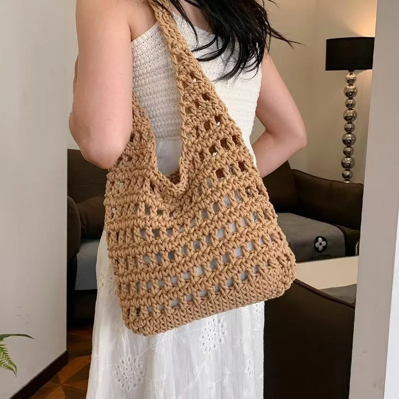 

Модная соломенная сумка крючком для женщин, тканая сумка-тоут из рафии, новый полый клатч, пляжная сумка для отпуска, повседневные сумки 2025