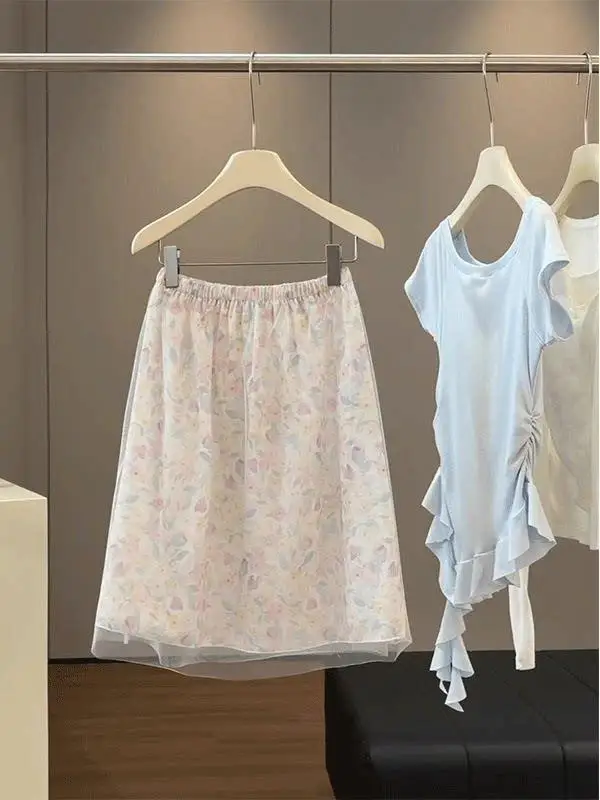 plus Size High Waist Floral Lace Half Skirt Women's Summer Design A-Line Midi Skirt Comfortable Casual Style Loose Fit Elasti...